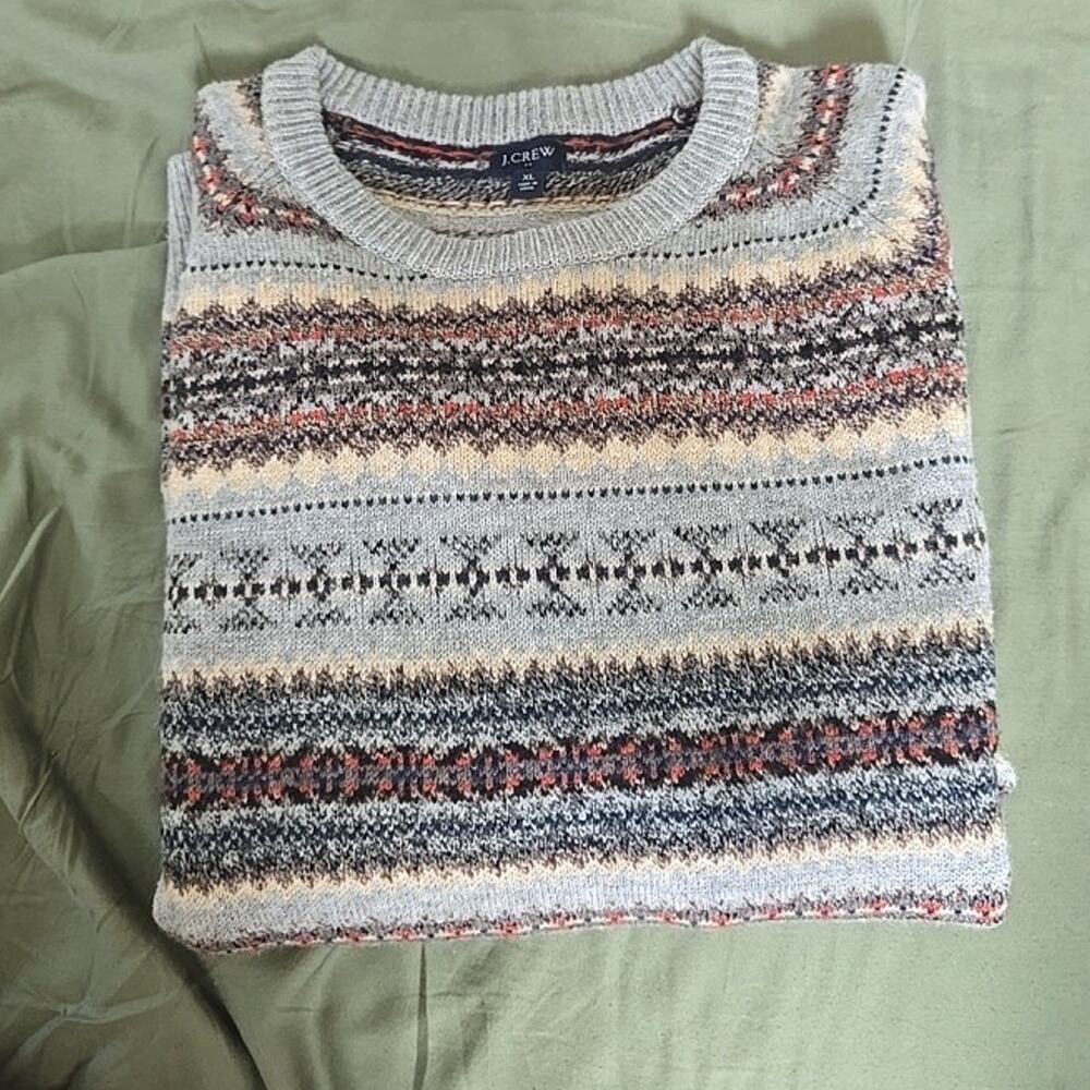J Crew Fair Isle Sweater Jumper Heather Gray Wool Blend Mens XLarge Nordic lamb